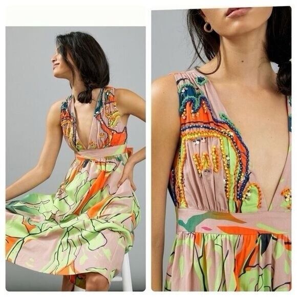 Anthropologie Nerida Midi Dress Medium Beaded V-Neck Colorful Print Cotton - Picture 2 of 14